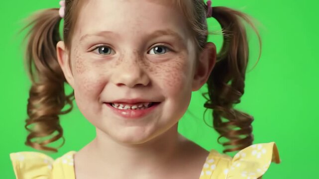 Close up portrait of a happy smiling little girl with freckles and curly pigtails on a green screen background