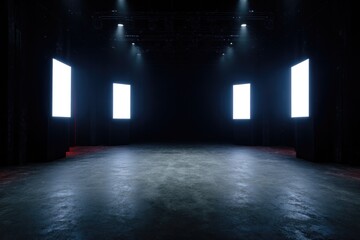 Darkened stage illuminated by bright screens, creating an immers