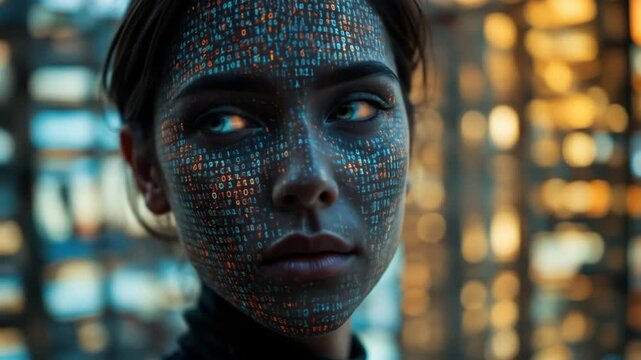 Human-computer interaction concept - HCI. A person with binary code projected onto their face, an intimate interaction between humans and digital technology in the digital world. 4k video