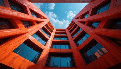 Fototapeta premium Modern orange building facade with reflective windows under a blue sky