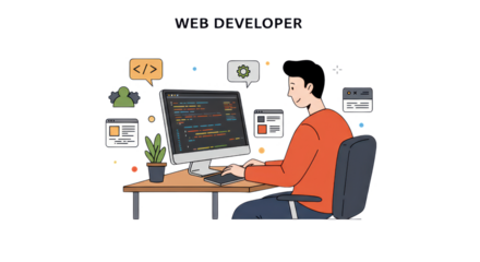 Web Developer Coding at Computer Desk Illustration