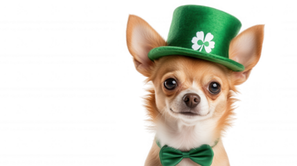 Small chihuahua sporting leprechaun emerald hat, green bow tie, celebrating irish holiday with festive canine charm
