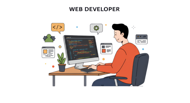 Web Developer Coding at Computer Desk Illustration