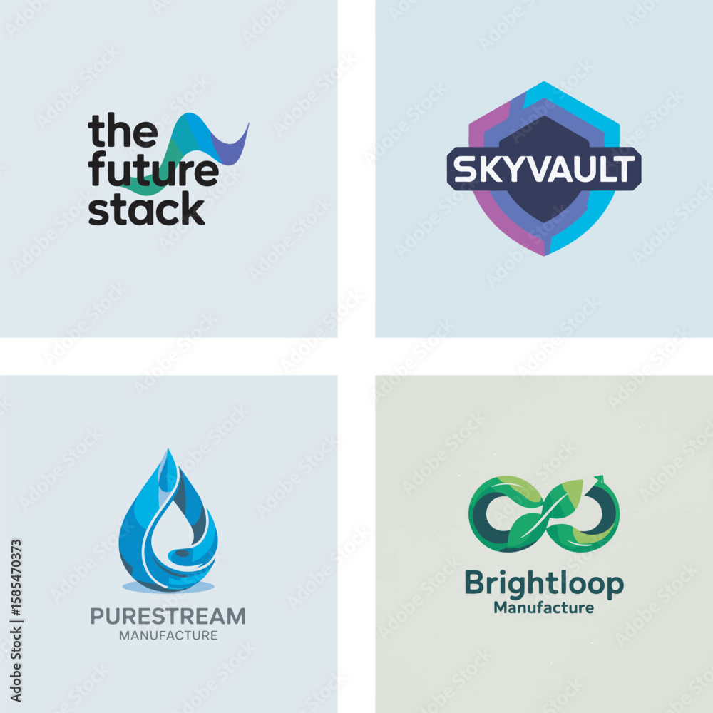 Fototapete four distinct logos featuring abstract shapes and text branding