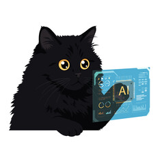 Flat icon of black fluffy cat with round yellow eyes exploring AI dashboard