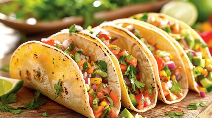 A trio of veggie tacos each with a unique combination of fresh veggies and herbs.