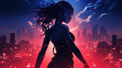 A silhouetted woman in a cyberpunk city under a dramatic, glowing sky.