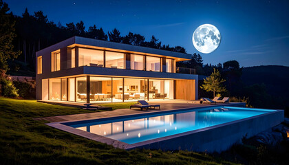 Modern Villa with Infinity Pool at Night Under Full Moon