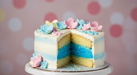 Slice of vanilla cake with blue frosting and blue layers on a wooden table. Delicious dessert for birthday party or celebration.