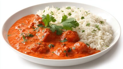 Authentic butter chicken indian curry with rice spicy indian food delight white background presentation