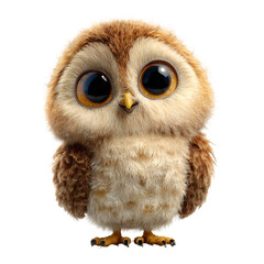 Naklejka premium Cute cartoon baby owl with giant eyes and fluffy feathers, adorable woodland bird character looking forward, isolated on white background