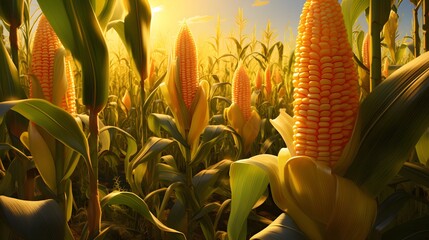 Beautiful view of a cornfield with golden corn bathed in sunlight, ready for harvest.