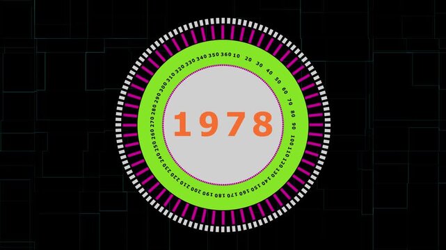 Futuristic Digital Gauge Displaying Year 1978 with Circular Progress Bars and Neon Grid Background
