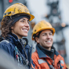 Two women wearing hard hats and safety gear are smiling at the camera. They seem to be happy and enjoying their work