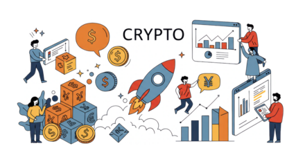 Abstract Crypto Finance Concept with People, Rocket, and Currency Symbols