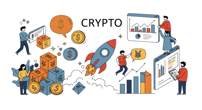 Abstract Crypto Finance Concept with People, Rocket, and Currency Symbols