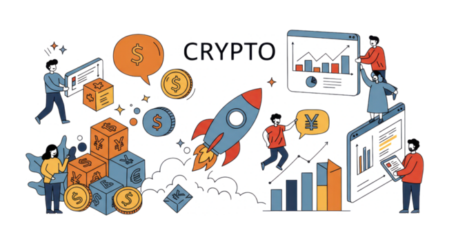 Abstract Crypto Finance Concept with People, Rocket, and Currency Symbols
