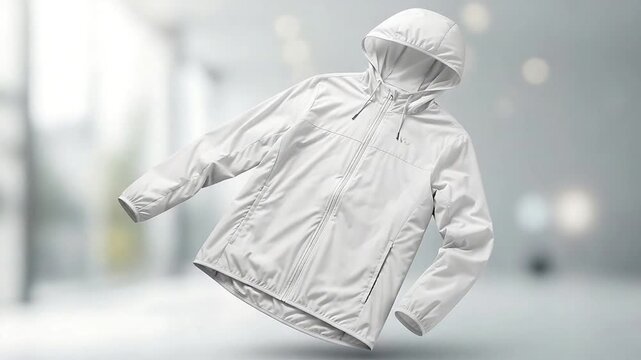 Modern White Windbreaker Jacket with Hood on Minimalist Grey Background for Fashion and Outdoor Gear