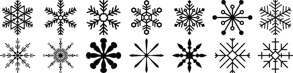 Collection of Unique Black Snowflake Designs – Vector Set of Snowflake Winter Decor