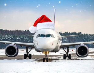Airplane with Santa hat on snowy tarmac
