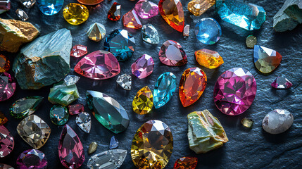 Collection of Colorful Gemstones and Crystals – Assorted Polished and Cut Stones in Various Shapes, Colors, and Sizes on Dark Background