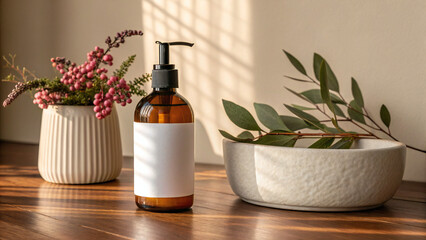 Amber Pump Bottle with Blank Label for Cosmetics or Skincare – Natural Minimalist Bathroom Decor with Eucalyptus Leaves and Ceramic Vases in Sunlight