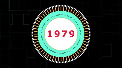 Retro 1979 Year Counter Dial with Rotating Gauge and Digital Display on Dark Futuristic Grid