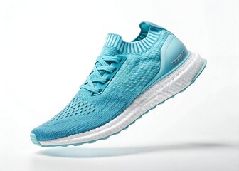 Modern blue running sneaker with mesh design and foam sole, stylish athletic shoe floating in air, isolated on white background