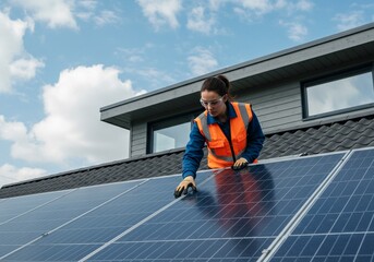 Female Solar Technician Inspecting Panels on a Residential Rooftop