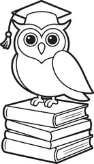 Scholarly Owl Perched Atop Stack of Books Graduation Cap Education Icon Vector Illustration Line Art Design