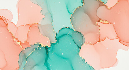 Abstract alcohol ink art with teal peach and gold accents