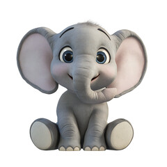 Cute cartoon baby elephant sitting and smiling, big ears and blue eyes, adorable animal character isolated on white background