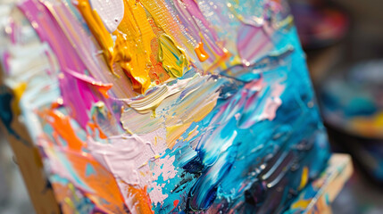Close Up of Colorful Abstract Painting on Wooden Easel 