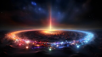 A cosmic portal radiates with brilliant colors, leading into a galaxy of stars.