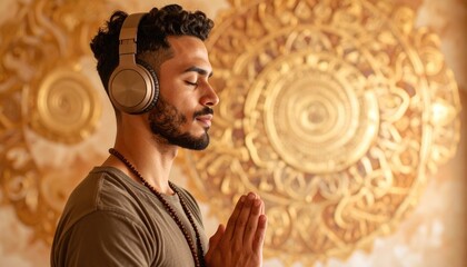 Man meditating with headphones against golden mandala backdrop representing inner peace and modern mindfulness blending spiritual and digital realms