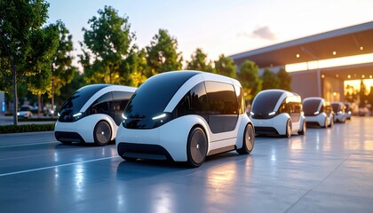 Futuristic self-driving electric cars lined up in an urban environment symbolizing automation, sustainability and next-gen transportation