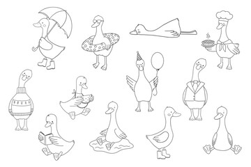 Obraz premium Cute baby goose with swimming ring, watermelon, umbrella. Funny cartoon outline bird illustration isolated on white background for childish coloring book, set