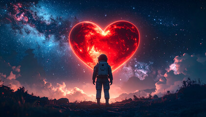 Obraz premium Astronaut Gazing at a Giant Glowing Red Heart in Space