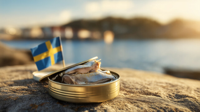Surstr&ouml;mming on Seaside Stone Surface with Nordic Landscape