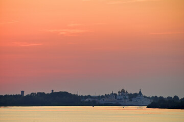 View of the Ipatiev Monastery at the confluence of the Volga River at sunset.