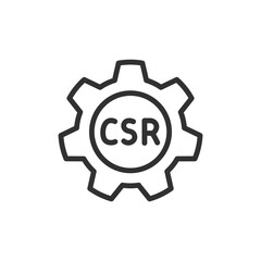 CSR in gear, linear icon. Corporate social responsibility and ethical business. Line with editable stroke.