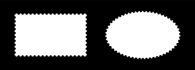 Postage stamp frames set. Empty borders collection, backdrops for postcards, letters. White rectangular, oval vintage stamps. Tags, labels, coupons, boxes with curvy, wiggly, wavy perforated edges.