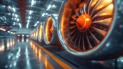 Glowing jet engines in hangar, factory production line