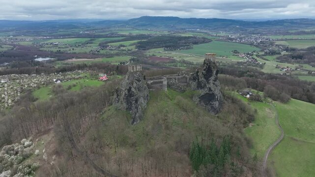 Aerial view of Trosky Castle, a striking castle ruin in the Liberec Region of the Czech Republic