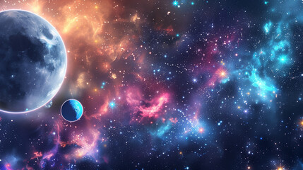 Obraz premium Cosmic Nebula with Glowing Stars and Planets 