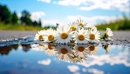 A bouquet of daisies in a puddle