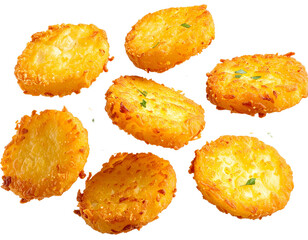 Crispy golden hash browns floating on white