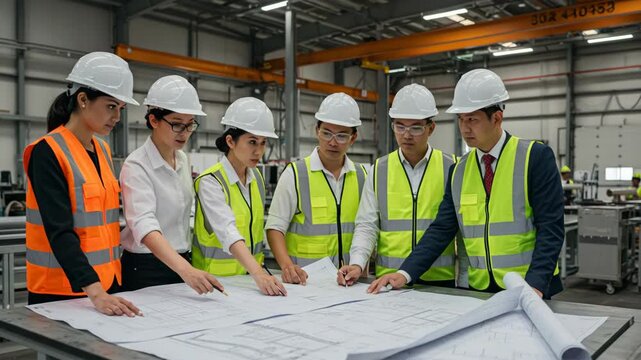 Team of Engineers Collaborating on Blueprint in Industrial Space
