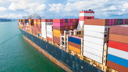 Side Cargo Container ship the ocean ship carrying container and running for import export concept...