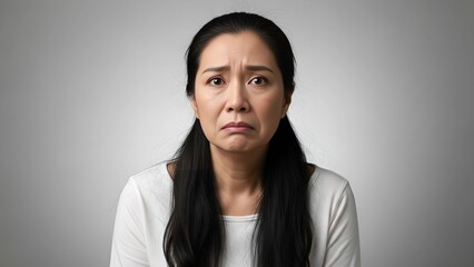 Sadness and Disappointment: A close-up portrait of a mature woman, her face etched with sadness and disappointment, eyes downcast in contemplation. The image evokes empathy and understanding. 